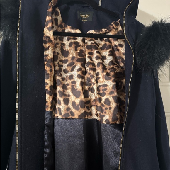 Laundry by Shelly Segal Wool Blue Black Faux Fur Trim Skirted Coat Jacket Hood M - Picture 13 of 15